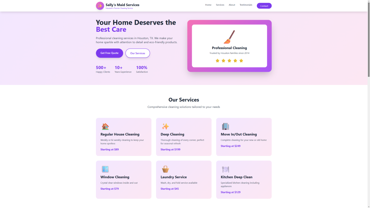 Professional maid service website built for a Houston, TX cleaning company - QuickPro Websites example